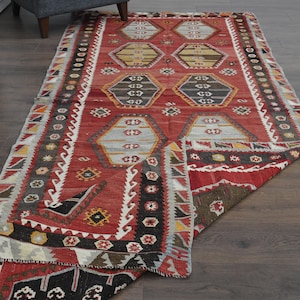 Vintage Turkish Kilim Runner Rug 4.4x11 ft, Handwoven Wool Tribal Rug, Red Bohemian Corridor Rug, Geometric Anatolian Rug, Farmhouse Decor