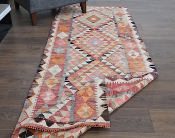 3x8'1 ft, ORANGE RUNNER RUG, Turkish Vintage Wool Rug, Boho Decor, Handmade Rug, Stair Kitchen Runner Rug, Entryway Runner, Hallway Rug, 3x8