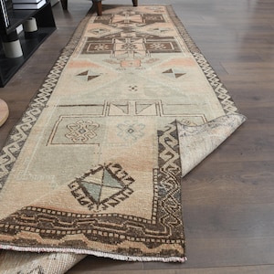 3'2x12'1 ft, VINTAGE TURKISH RUNNER, Oushak Runner, Handmade Rug, Wool Rug, Orange Brown Runner, 3x12 Runner, Kitchen Rug, Hallway Rug, Star
