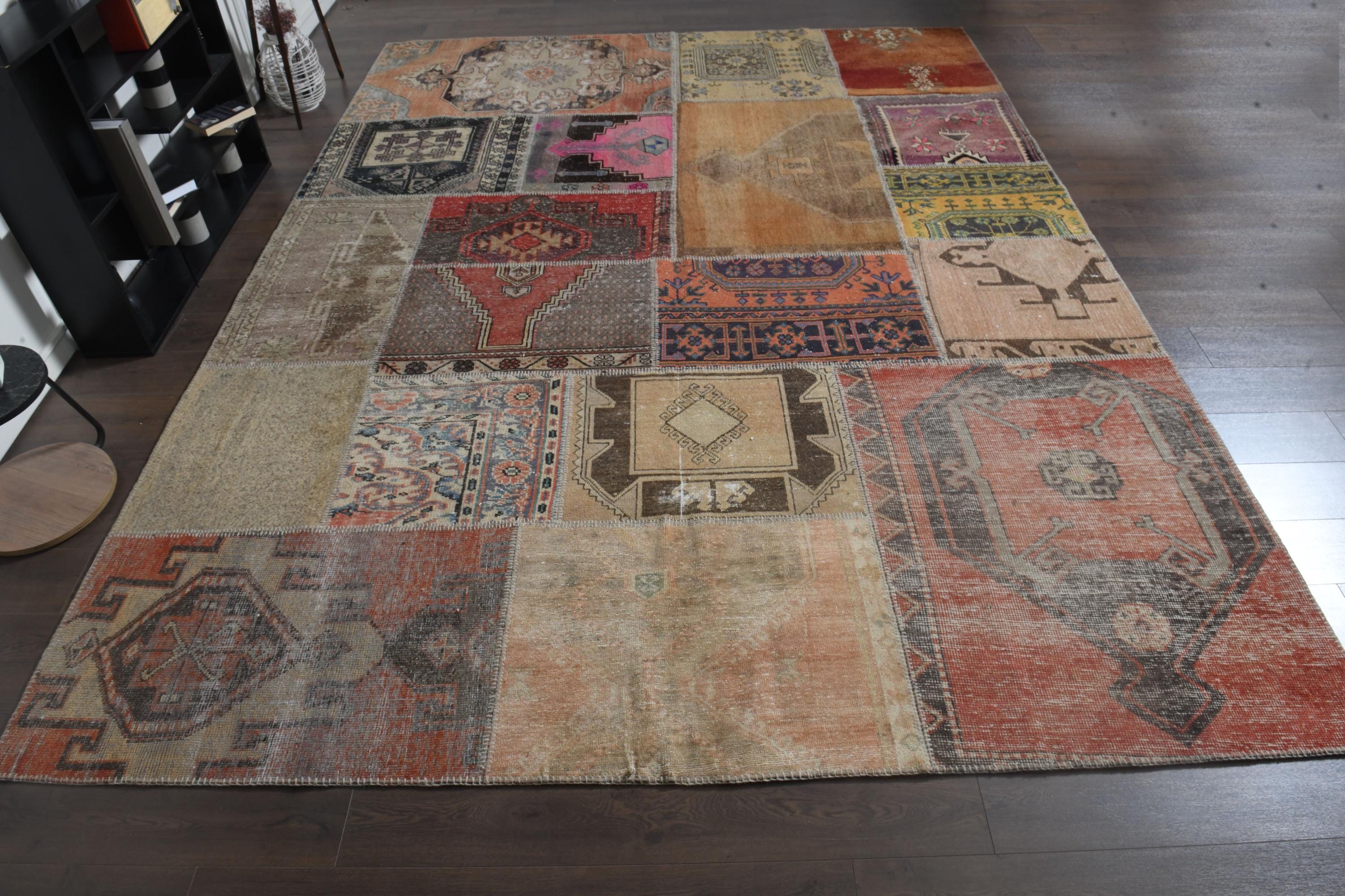 ラグ・カーペット Vintage Dead Stock Fabric Patchwork Rug 9'2x12'4 Ft, VINTAGE PATCHWORK RUG, Turkish Rug, Oushak Wool Rug