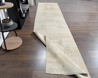 Handwoven Turkish Runner Rug, Beige Geometrical Motif, 2'9x12' Wool Home Decor