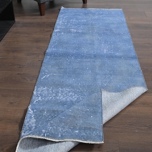2&#39;4x7&#39;5 ft, VINTAGE BLUE RUNNER, Turkish Runner, Oushak Runner, Wool Rug, Handmade Rug, Kitchen Rug, Hallway Rug, Solid Blue Runner, Woven