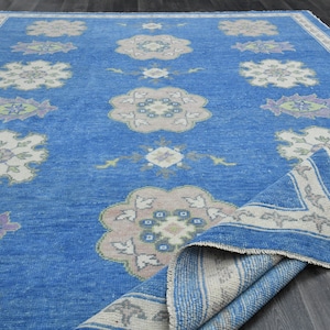 8x12.1 ft, BLUE FLORAL MOTIF, Handmade Rug, Living Room Rug, Vintage Oversized Rug, Turkish Rug, Oushak Wool Rug, Home Decor, 8x12 Area Rug