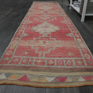2&#39;8x11&#39;1 ft, VINTAGE TURKISH RUNNER, Handwoven Runner, Stair Runner, Front Runner, Oushak Wool Rug, Kitchen Runner, Pink Beige, Washable Rug