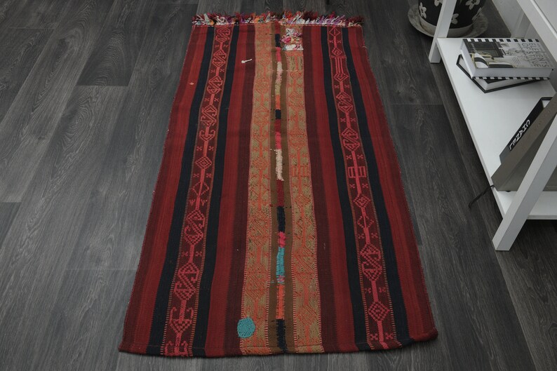 2'6x5'2 Ft, STRIPED KILIM DECOR, Red Black Brown Decor Rug Wool Kilim