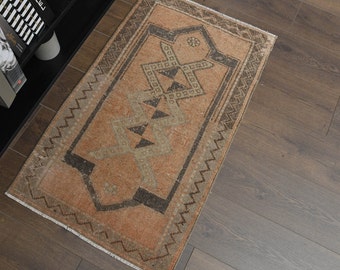 2x3'4 Fuß, MINI ORANGE Teppich, Kleiner Teppich, Türkischer Teppich, Badezimmer Teppich, Fußmatte, 6x90 cm, Antiker Wollteppich, Oushak Teppich, Waschbar