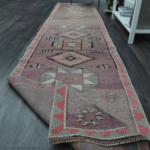 2.6x12.2 ft, PURPLE TURKISH RUG, Vintage Runner Rug, 3x12 Oushak Runner, Hand-Knotted Rug, Kitchen Runner Rug, Minimalist Decor, Hallway Rug