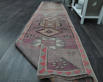 2.6x12.2 ft, PURPLE TURKISH RUG, Vintage Runner Rug, 3x12 Oushak Runner, Hand-Knotted Rug, Kitchen Runner Rug, Minimalist Decor, Hallway Rug