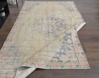 4x2,2 m, TÜRKISCHER VINTAGE Teppich, Handgefertigter Teppich von Oushak, Wohnzimmerteppich, Antiker Beige Blauer Teppich, Wohndekor, 100x200 cm, Waschbarer Teppich