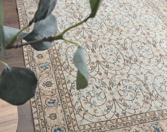 6&#39;4x9&#39;9 ft, VINTAGE TURKISH RUG, Area Rug, Floral Rug, Rugs For Living Room, Home Decor, Beige Brown Rug, Oushak Rug, Wool Rug 6x10, Minimal