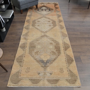 3'6x11'2 ft, ORANGE WIDE RUNNER, Turkish Runner, Vintage Runner, Oushak Runner, Wool Handmade Rug, 4x11 Large Vintage Rug, Brown Orange Rug