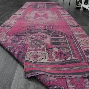 3&#39;4x11&#39;5 ft, PINK HALLWAY DECOR, Turkish Runner Rug, Hallway Rug, Kitchen Rug, Pink, Handmade Rug, Wool Rug, Vintage Rug, Farmhouse Runners