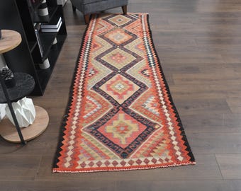 3x9 ft, ORANGE RUNNER, Vintage Turkish Runner 3x9, Hallway Runner, Minimalist Runner, Wool Rug, Kitchen Rug, Stair Decor Runner