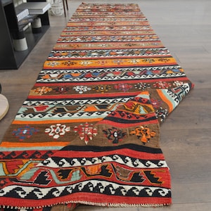 Handwoven Vintage Turkish Kilim Runner Rug 3.5x13.6 ft, Long Hallway Rug, Bohemian Wool Rug, Colorful Anatolian Kilim, Unique Tribal Carpet