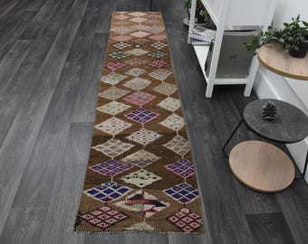 2'1x9'7 ft, COLORFUL RUNNER RUG, Turkish Vintage Rug, Brown Purple Beige, Kitchen Rug, Hallway Rug, 2x10 Runner, Boho Chic, Farmhouse Deco