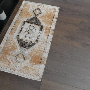 1'7x3'1 ft, ORANGE BROWN RUG, Small Turkish Rug, Vintage Rug, Oushak Wool Rug, Handmade Rug, Geometric Motif Decor, Mini Decor, Small Rug,