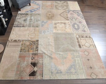 VINTAGE TÜRKISCHER TEPPICH, Braun Grün Orange, Oushak Wollteppich, Handgefertigter Antiker Teppich, Wohnzimmerteppich, 200x300, Waschbar