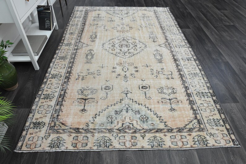 May include: A rectangular area rug featuring a light peach background with intricate dark grey and muted blue geometric and floral patterns. The design includes a central medallion, symmetrical motifs, and a detailed border frame.