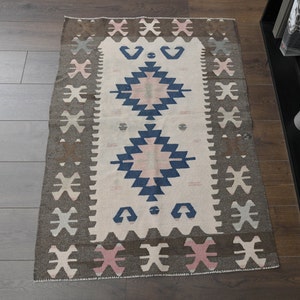 2&#39;9x4 ft, GEOMETRIC MOTIF DECOR, Beige Brown Rug, Handmade Rug, 3x4 Small Rug, Vintage Turkish Rug, Wool Rug, Bathroom Rug, Boho Chic Decor