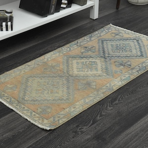 Puede incluir: Una alfombra de color azul claro y melocotón con un patrón geométrico. La alfombra tiene un borde con flecos y está colocada sobre un suelo de madera oscura.