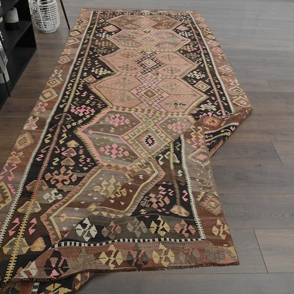 4'5 x 11'5 ft, BRUINE BREDE loper, Turks tapijt, vintage loper tapijt, Oushak loper, wollen tapijt, boerderijdecor, loper 5 x 12, keukentapijt, gang