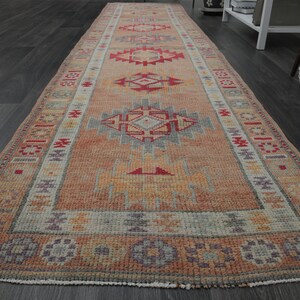 3x12&#39;4 ft, HERKI RUNNER RUG, Turkish Vintage Runner, Orange Pink Rug, Oushak Runner, Home Decor, Kitchen Runner Rug, Minimalist Hallway Rug