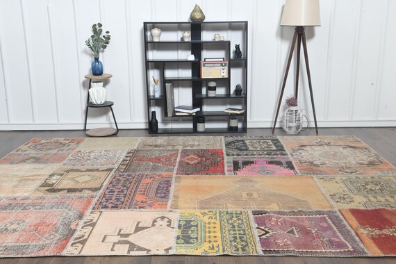 9'2x12'4 Ft, VINTAGE PATCHWORK RUG, Turkish Rug, Oushak Wool Rug
