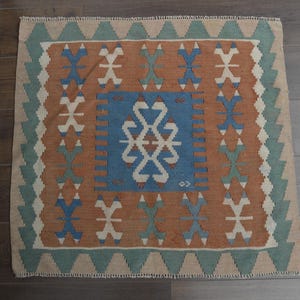 2'9x3'1 ft, ORANGE BLUE RUG, Turkish Rug, Vintage Small Rug, Oushak Handmade Rug, Farmhouse Decor, Bathroom Rug, Doormat, Small Mini Decor