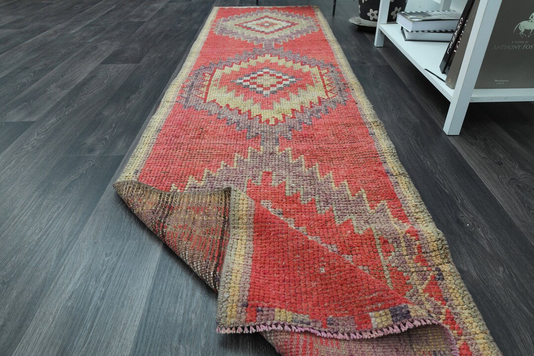 2'6x9'9フィート、コーラルオレンジピンク、トルコ製ヴィンテージ