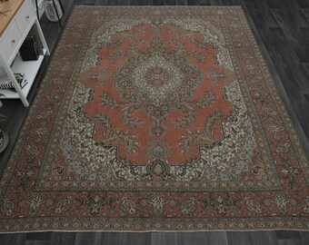 9.3x12.1 ft, RED PERSIAN RUG, Oversized Vintage Oushak Rug, Boho Rug, 9x12 Area Rug, Living Room Rug, Wool Rug, Large Rug, Luxury Rug