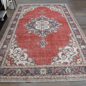 7x11&#39;3 ft, Luxury Vintage Rug, Oushak Rug, Bohemian 7x11 Area Rug, Distressed Living Room Rug, Wool Rug, Red Beige Rug, 7x11 Carpet Area Rug