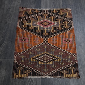 1'5x1'9 ft, ORANGE BROWN RUG, Small Turkish Rug, Vintage Rug, Oushak Wool Rug, Handmade Rug, Geometric Motif Decor, Mini Decor, Small Rug,