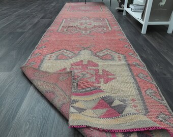 3.1x13.3 ft, PINK HERKI DECOR, Star Rug, Turkish Rug, Vintage Oushak Runner, Boho Decor, Kitchen Runner Rug, Stair Decor Runner, Hallway Rug