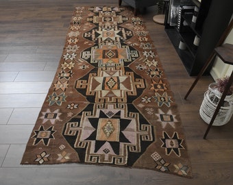 4'1x11'3 ft, BROWN TURKISH RUG, Vintage Oushak Runner, Boho Decor, Handwoven Rug, Kitchen Runner Rug, Stair Decor Rug, Hallway Rug, Star Rug