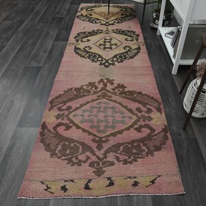 3&#39;3x11&#39;7 ft, VINTAGE RUG RUNNER, Turkish Runner Rug, Kitchen Rug, Home Decor, Hallway Rug, Stair Runner Rug, 3x12 Runner Rug, Pink Brown Rug