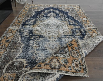 3'5x6'6 ft, NAVY BLUE RUG, Turkish Area Rug, Vintage Rug, Oushak Rug, Handwoven Rug, 4x7 Area Rug, Living Room Rug, Faded Rug, Distressed