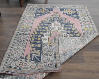 3'7x7'3 ft, VINTAGE TURKISH RUG, Oushak Rug, Pink Navy Blue Rug, Wool Rug, Handmade Rug, Dining Room Rug, Home Decor, Tribal Rug, Boho Decor