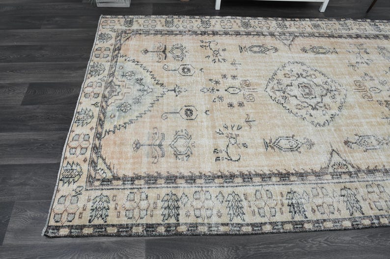 May include: A rectangular area rug featuring a faded peach and beige background with intricate dark grey geometric and floral patterns. The rug has a wide border with repeating motifs and a central medallion design in a muted colour palette.