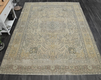 9'5x12'4 ft, ORANGE VINTAGE RUG, Persian Antique Rug, Oushak Rug, Bohemian Rug, 10x12 Area Rug, Living Room Rug, Wool Rug, Large Decor Rug