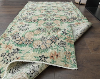 Handmade Turkish Vintage Runner Rug - Floral Pattern in Warm Earth Tones 3x6 ft, Green Orange Rug, Kitchen Rug, Stair Runner, Oushak Runner