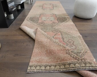 Historic Vintage Turkish Runner Rug, Handwoven Wool Oushak Carpet, 3.2x11.4 ft Distressed Hallway Rug, Bohemian Farmhouse Narrow Area Rug