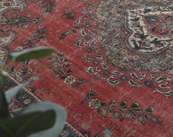 9&#39;7x12&#39;1 ft, VINTAGE PERSIAN RUG, Oushak Rug, Handwoven Rug, Luxury Decor, Wool Rug, Oversized Rug, Area Rug, Red Brown Rug, 10x12 Area Rug