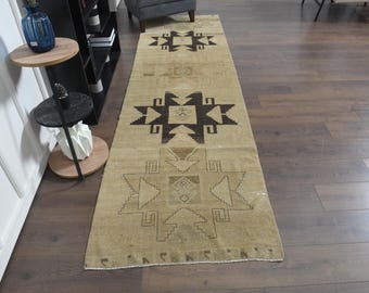 3&#39;1x10&#39;7 ft, ORANGE BROWN RUNNER, Turkish Vintage Runner, Oushak Wool Rug, 3x11 Runner, Kitchen Rug, Hallway Rug, Washable Rug, Stair Rug