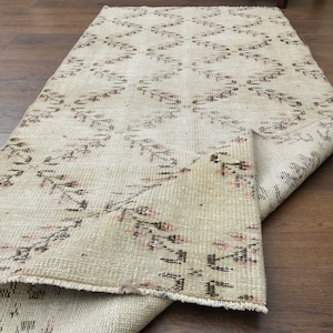 TÜRKISCHER VINTAGE Teppich Oushak Läufer, Handgefertigter Teppich, Küchenteppich, Beige Braun, 90x180 cm, Beige Braun, Beige Braun