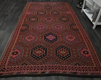 5.6x10.4 pies, KILIM DE DECORACIÓN ROSA, Alfombra de decoración vintage, Alfombra turca, Rosa marrón rojo, Decoración Kilim, Alfombra Kilim de acento, Alfombra de lana, Decoración de alfombra de cocina