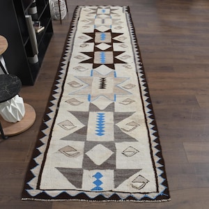 3&#39;3x11&#39;4 ft, KILIM RUNNER RUG, Vintage Turkish Rug, Oushak Handwoven Rug, Beige Gray Brown, Kitchen Runner, Stair Decor Runner, Washable Rug