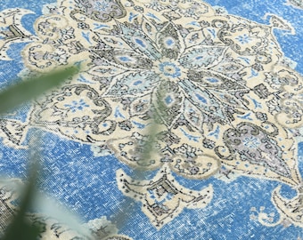 7'1x10'2 ft, BLUE, WOOL RUG, Handmade Rug, Living Room Rug, Oriental Rug, Rugs For Kids Room, Vintage Oushak Rug, 7x10 Turkish Rug, Star Rug