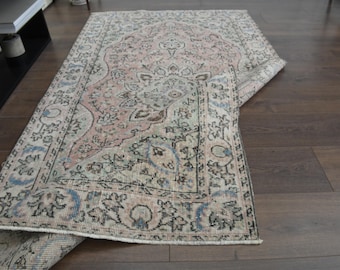 100x200 cm, TÜRKISCHER VINTAGE Teppich, Handgewebter Wollteppich, Rosa Blauer Orientteppich, Teppich 100x200, Wohndekoration, Waschtisch Teppich, Stern