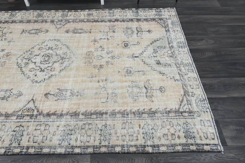 May include: A rectangular area rug featuring a light beige base with intricate patterns in shades of charcoal grey and muted brown. The design includes a central medallion surrounded by symmetrical floral and geometric motifs with a wide border.