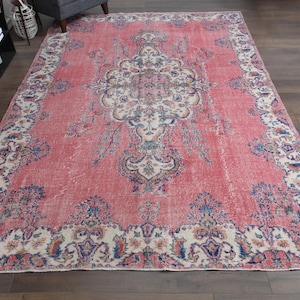 7.1x10.2 ft, PINK TURKISH RUG, Vintage Rug, Oushak Rug, Wool Rug, Handmade Rug, Rugs For Living Room, Home Decor, Area Rug 7x10, Oriental